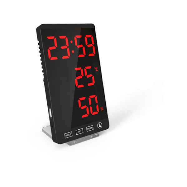 LED spegelklocka, termometer och hygrometer, elektronisk väderklocka, alarmklocka, röda bokstäver