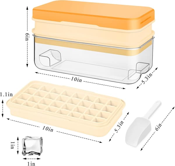 Isbitsform - med lock och soptunna, med is-skopa, isbits Pop-Up form, isbitsformar, BPA-fri, 64-delars isbitsformsset (Orange)