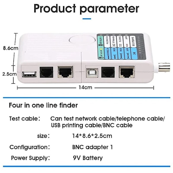 4 i 1 Multifunksjons Nettverkskabeltester, RJ11 RJ45 USB BNC Nettverkskabeltester for UTP STP LAN Kabel Tracker, 148.62.5cm