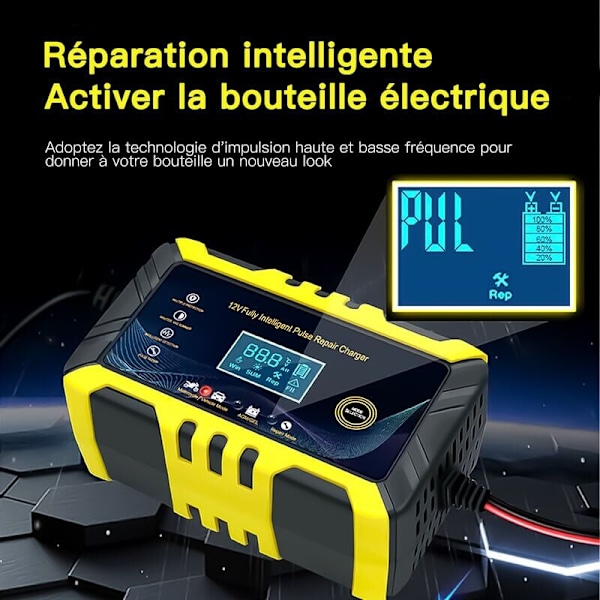 Bilbatterioplader - 12V/6A Smart Batterioplader, LCD-display, Batterioplader Vedligeholder, Sort/Gul