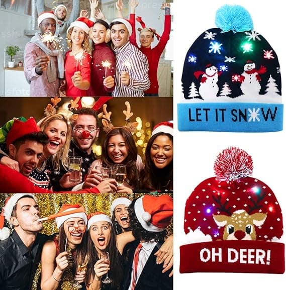 LED Julehat, Lysende Julehat Unisex Strikket Hue Feriehat med Snemandsprint til Fest