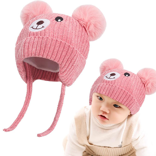 Søt bjørn barn vinter fleece foret strikket lue med øreklaffer dobbel dusk lue kaldt vær varm lue for alderen 1-5 (rosa)