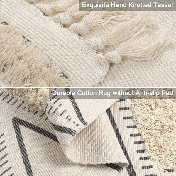 Tuftet bomullsmatte - Vaskbar med pompom - Vevd geometrisk teppe - Bohemsk teppe for vaskerom / soverom (Beige, 60\"