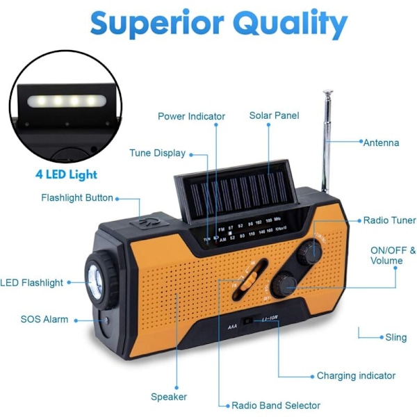 （Orange） Nödradiomed FM AM Vev, ny solcellsdriven multifunktionsradio för utomhusbruk med 2000mAh som powerbank/läslampa med 4 LED/LED-ficklampa