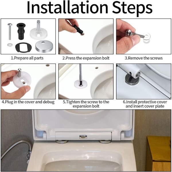 2 stycken nedskjutna till toalett toalett med fästen, snabbfrigörande gångjärn, slaktande charlier wc-fixeringar, med reservgummi skruvar