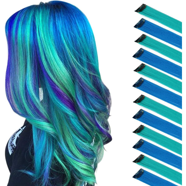Farget hårforlengelse, blå farge hårforlengelse 12 STK Naturlig