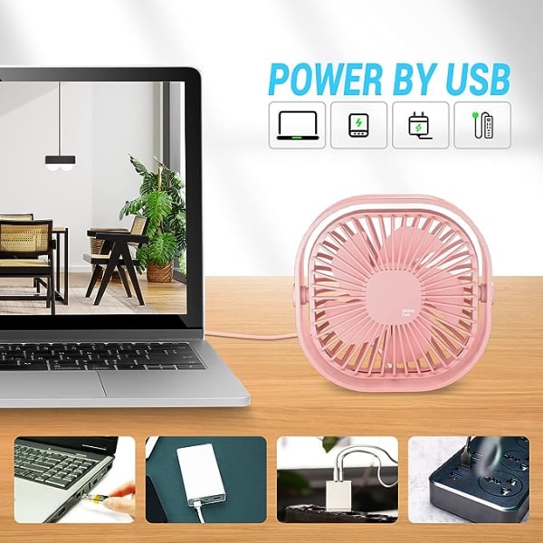 Pieni pöytätuulettimen jäähdytys (vaaleanpunainen), USB vahva tuuli pöytätuuletin kannettava pöytätuuletin, 360° pyörivä mini henkilökohtainen mykistetty tuuletin, USB -kaapelilla, s