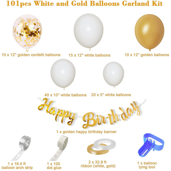 12 tommer 10 tommer 5 tommer Hvid Guld Ballon Garland Kit, Ballon Garland Sæt Baby Fødselsdag Bryllup Ballon Garland Fest Dekoration til Fødselsdag Baby Sho