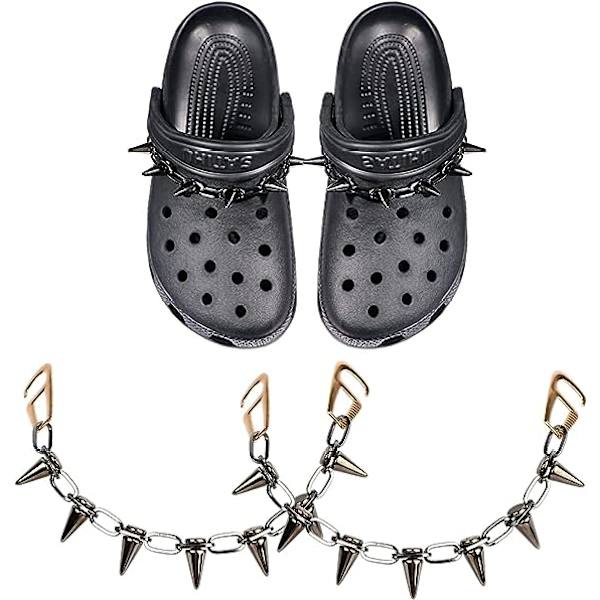 Kaksi kappaletta mustaa Croc-koristetta, punk-niittiä kapeneva metallikoristeketju, käytetään DIY-koristeluun, rentoihin kenkiin ja sandaalitarvikkeisiin, käytetään osana