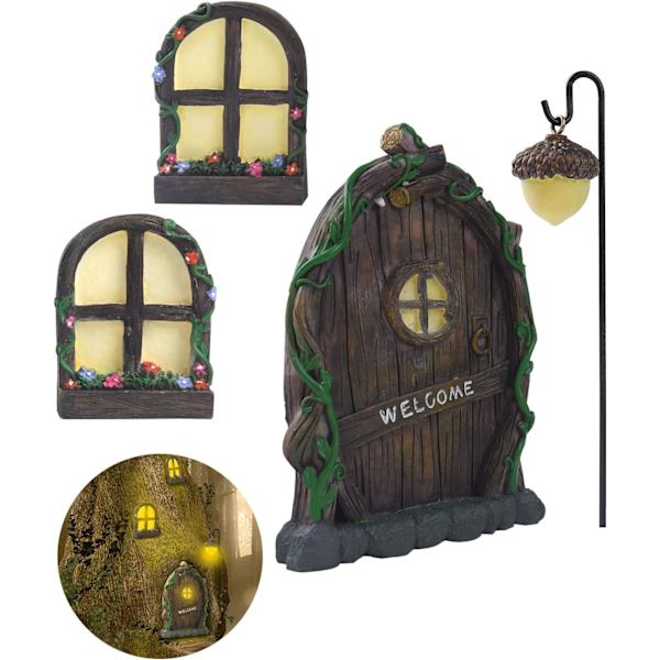 Mini Sagoskogsträdgård Tillbehör Utomhus Dekorationssats Trädstubbe Ornament Tomte Dörr Set Trädgårdskonst Utomhus Mellanrum Barn Fönster Glöd i Mörkret