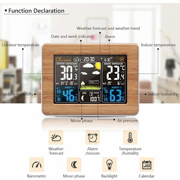 Trådlös väderstation med barometer/väderprognos/varning, färgskärm inomhus/utomhus multifunktionsklocka termometer hygrometer