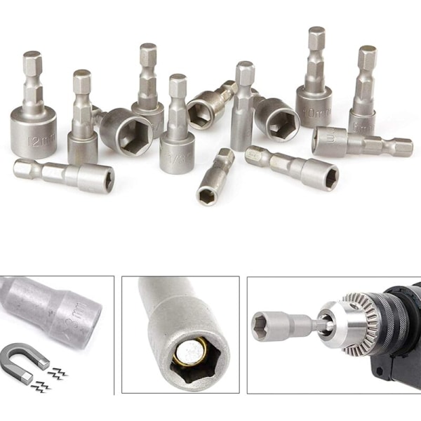 10 stk. Svette Skruebits 6-19mm - Fotadapter, sekskantet for skrutrekker med hånddrill, elektrisk skrutrekker, pipenøkkel (vanadiumkrom stål)