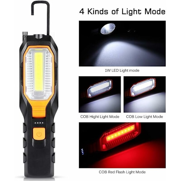 LED arbetslampa för verkstad, COB magnetisk inspektionslampa med 4 ljuslägen, uppladdningsbar campinglampa med 80/280 lumen för bil, reparation, garage,
