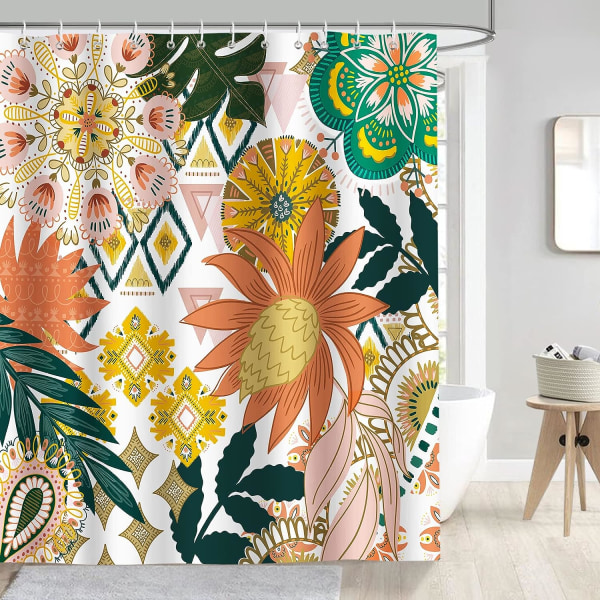 Bohemia bruseforhæng Blomster Blade 180 x 180 cm Badeforhæng Polyesterstof Mugbestandigt Vandtæt Vaskbart Badeværelseforhæng med 12 Kroge til