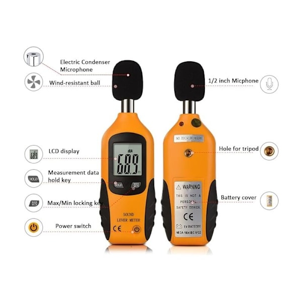Soundometer 30-130DBA, professionell decibelmätare med bakgrundsbelyst skärm (9V batteri ingår)