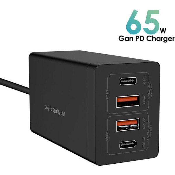 USB GAN 65 W laddstation 4-portars HUB med 4 portar snabbladdare QC4.0 QC PD3.0 PD USB Väggladdare Typ-C för smartphones, surfplattor, laptops och mer