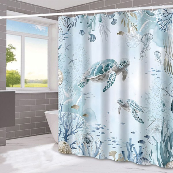 Duschdraperi med Havssköldpadda Blå Ocean Sjögräs Baddraperi Polyestertyg Anti-mögel Vattentätt Tvättbart Badrumsdraperi 180 x 180 cm med 12 Krokar f