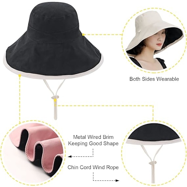 Extra bred solhatt för kvinnor - bomull, vikbar, vändbar hatt med bred brätte - UV-skydd - sommarstrand, resor, trädgård