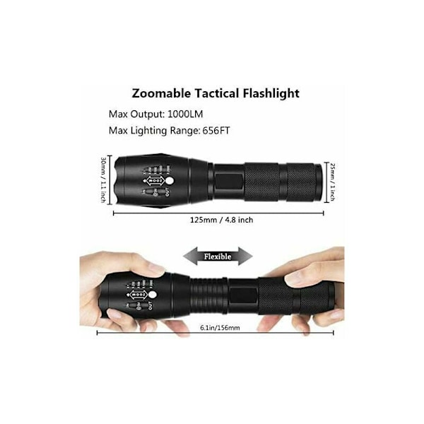 Sæt med 2 kraftige LED lommelygter med 2 18650 genopladelige batterier, taktisk lommelygte med USB-oplader