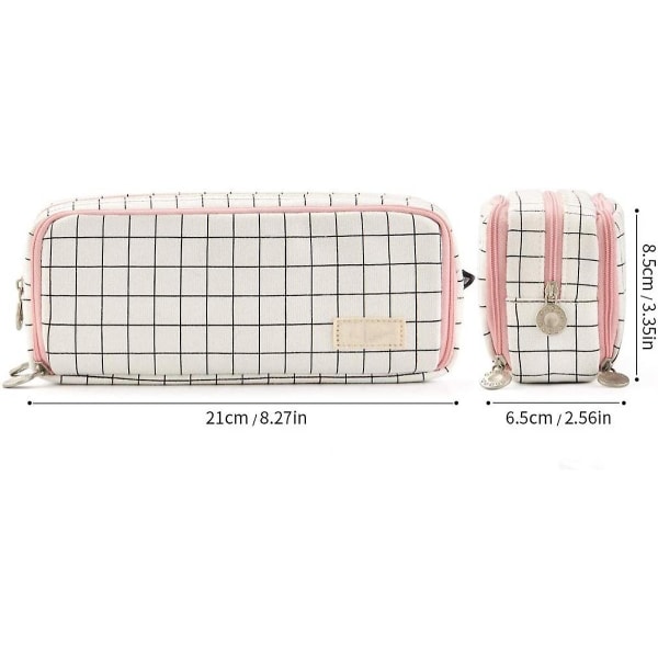 Stor pennfodral med 3 fack, pennfodral i canvas för tonåringar, pojkar, flickor och skolbarn (svart rutnät, rosa ränder)