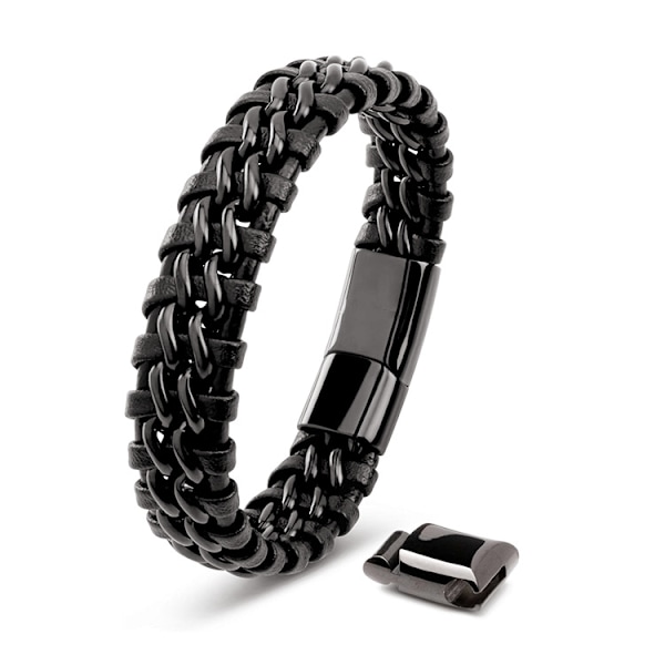Herrearmbånd i sort læder - Flettet lædersnorarmbånd med magnetlås - Fantastiske gaveideer