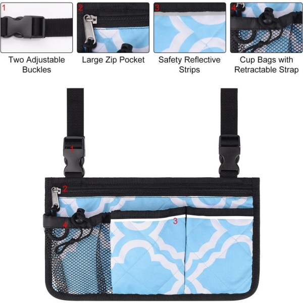 Kørestolsarmlænssidetaske, 6-lommers opbevaringstaske med reflekterende