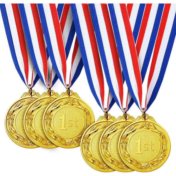 Gold Metal Winner Medals, Set of 6 First Prize Olympic Medals for Sports, Competitions and Parties, 2.5" Diameter with 32" Ribbon.