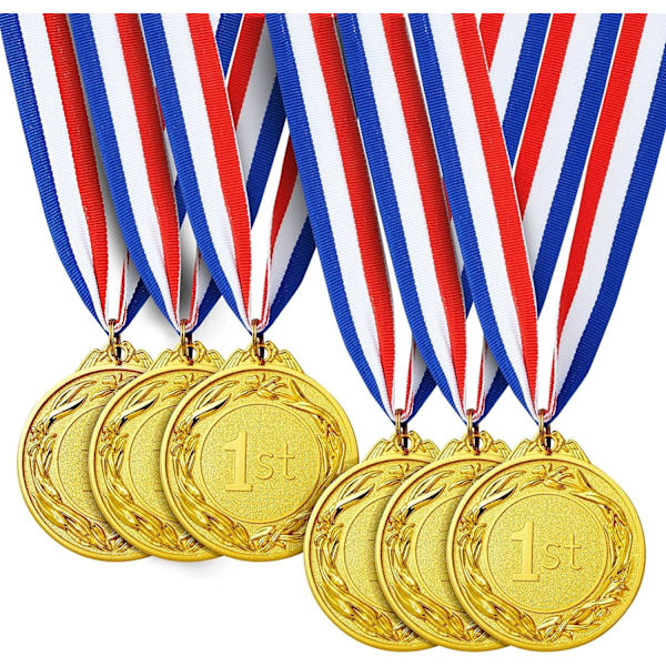 Guld Metal Vindermedaljer, Sæt med 6 Førstepræmie Olympiske Medaljer til Sport, Konkurrencer og Fester, 2,5\" Diameter med 32\" Bånd.
