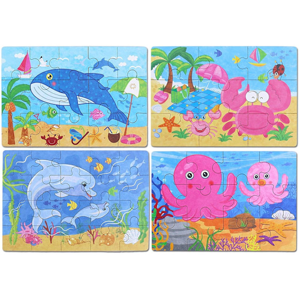 Træpuslespil til børn med 4 forskellige sværhedsgrader, 9, 12, 15 og 20 brikker, den perfekte lærerige version af puslespillet Under the Sea