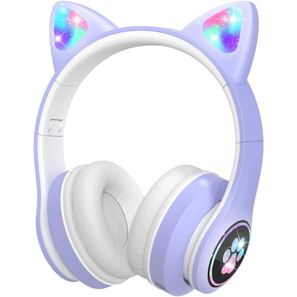 Bluetooth-lasten kuulokkeet HD-mikrofonilla/LED-valoilla (violetti), 85 dB:n äänenvoimakkuudella rajoitetut lasten kuulokkeet, stereokuulokkeet lapsille älypuhelimeen, i