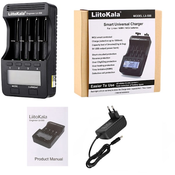 Lii-500 Batteriladdare Intelligent Laddare med 4 Batteriplatser LCD-display för Ni-Mh Ni-Cd Li-Ion Uppladdningsbara Batterier Stöd, (Laddare)