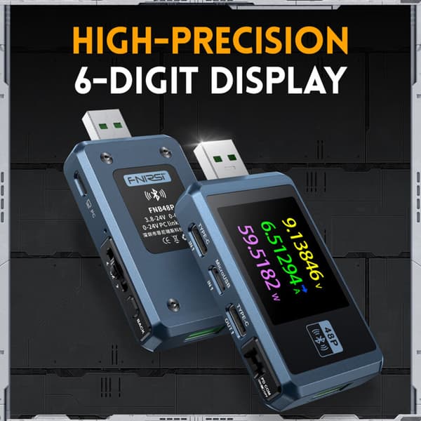 FNB48P 6-sifret display tester Multifunksjonelt Voltmeter USB Ampèrememeter Type-C Bevegelsesdeteksjon Deteksjon Deteksjon Trigger Beregning av kapasiteten