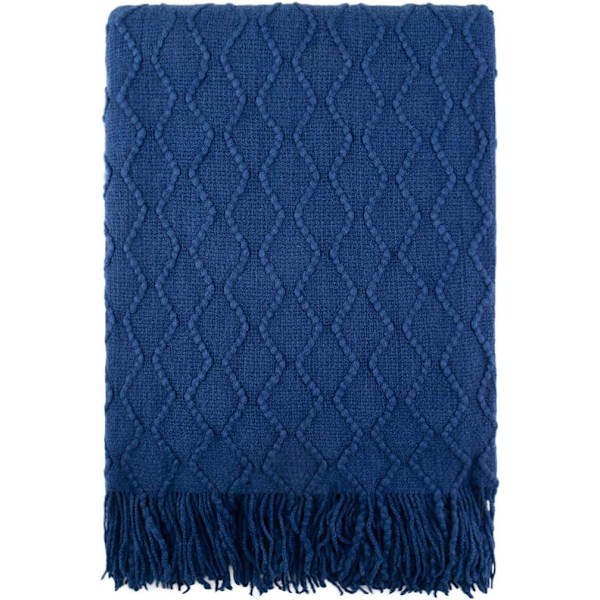 Kastfilt, Stickad Filt med Pompoms (120 x 170 cm, Marinblå), Texturerad Lätt och Mysig Dekorativ Filt för Soffa, Säng, Resa - Allt