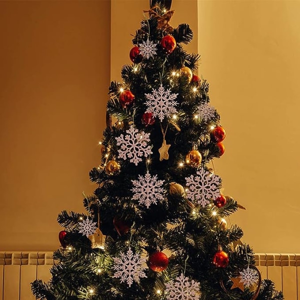 36 stk hvite snøfnugg ornamenter i plast med glitter for vinter og juletrepynt i forskjellige størrelser (r