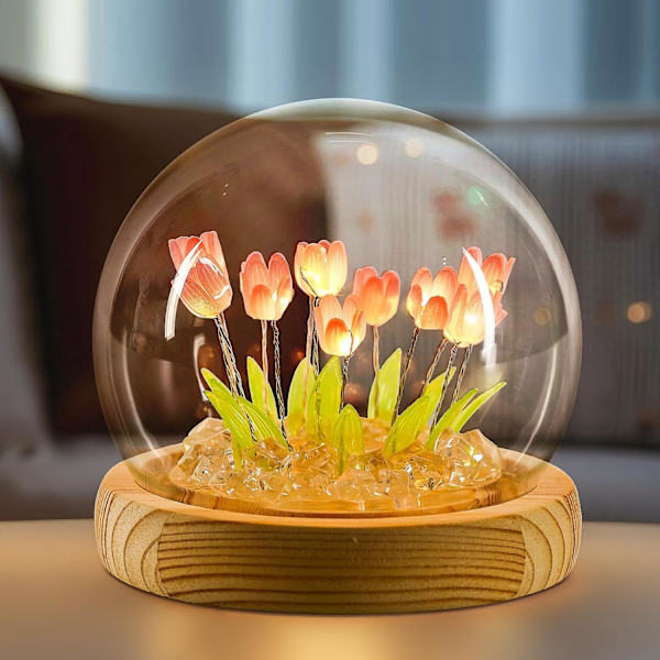 Tulip nattlys LED Valentinsdag dekorasjonslampe, kunstig blomst i glass, nattbordslampe, bursdags Valentinsdag gave