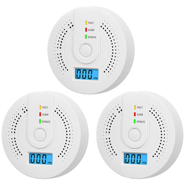 Kombinerad kolmonoxid- och rökdetektor med digital display, rök- och kolmonoxiddetektorer med batterier, set om 3