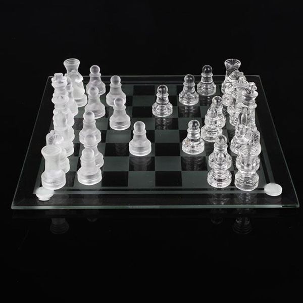 Schackset i glas, frostat/polerat schackset i glas, schackpjäser i glas med vadderad botten, kristallschackset för unga vuxna (vit)