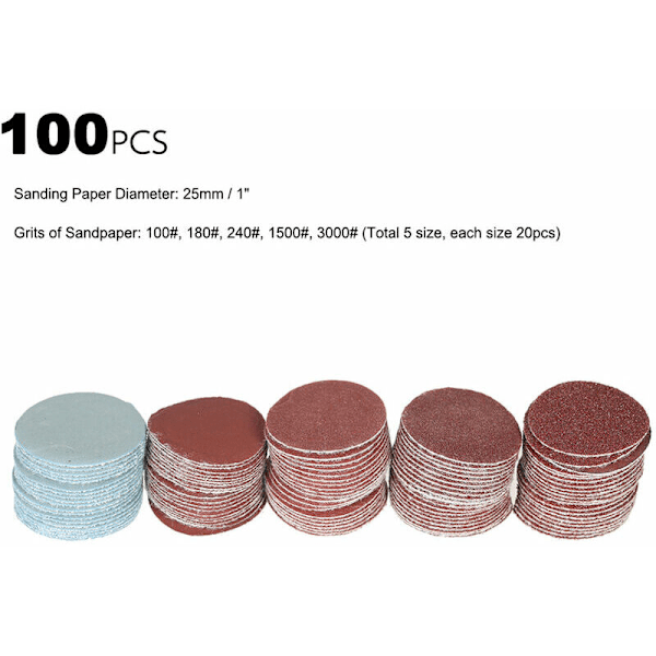 Set med 100 slipskivor 25 mm 2,5 cm slippapper 2,5 cm poleringsdynor + 1/8 \"roterande verktyg slipverktyg