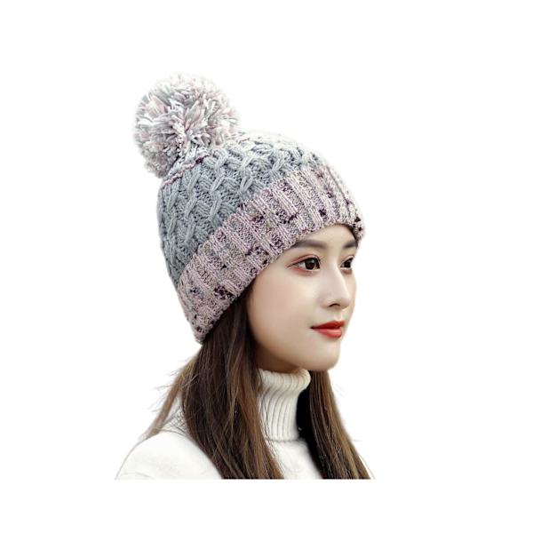 Dam vintermössa, Pom Beanie, Vintermössa, Dam lös mössa, Varm stickad stretchmössa, Ljusgrå