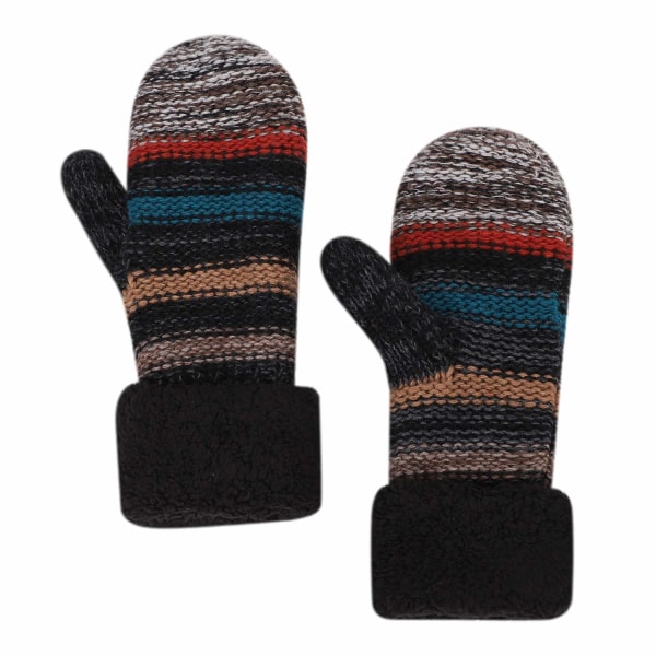 Vinterstickad fleecefodrad stickad dam Helfinger förtjockade vintervarma handskar Randiga designstickade handskar (svarta)