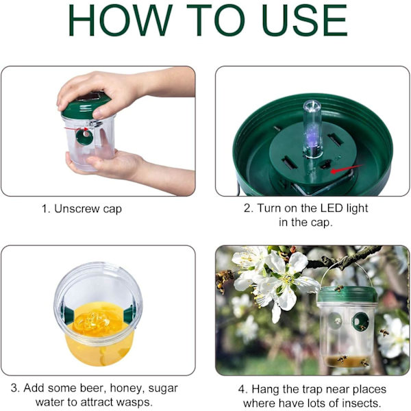 2-pack getingdödare, solcells driven getingfälla med UV LED-ljus, återanvändbar insektsfälla bikupa för getingar, gula jackor och getingar (grön)