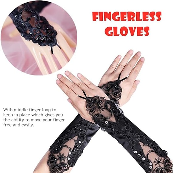 1 par spets satin paljettbrudens fingerlösa handskar (svart), eleganta damhandskar, används för bröllop, bankett, bal, dans, operakostymer