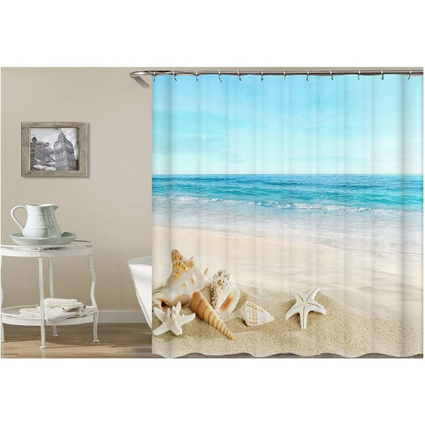Antimug Anti-Mildew Strandbrusergardin, Vandtæt Stof Bruseforhæng Havbølge Strand Søstjerne Conch Bruseforhæng 150 x 180cm med 12 Plastik Ring Hoo