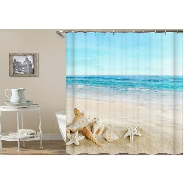 Muggbestandig dusjforheng for stranden, vanntett dusjforheng i stoff, bølgesjøstrand, sjøstjerne, konkylie, dusjforheng 150 x 180 cm med 12 plastkroker