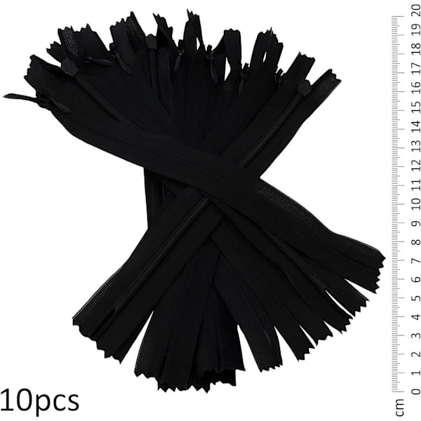 10-pakke 25 cm usynlige glidelåser med glidelås i sort farge for skinnvarer, jeans og kjoler