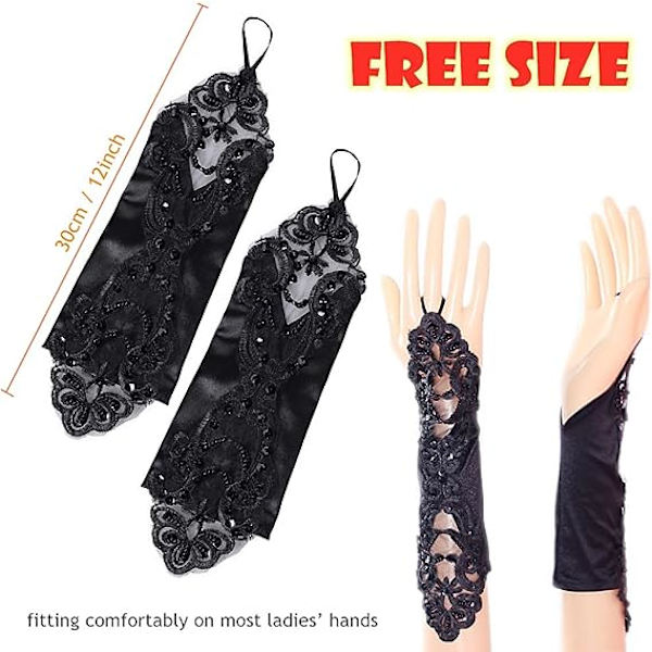 1 par spets satin paljettbrudens fingerlösa handskar (svart), eleganta damhandskar, används för bröllop, bankett, bal, dans, operakostymer