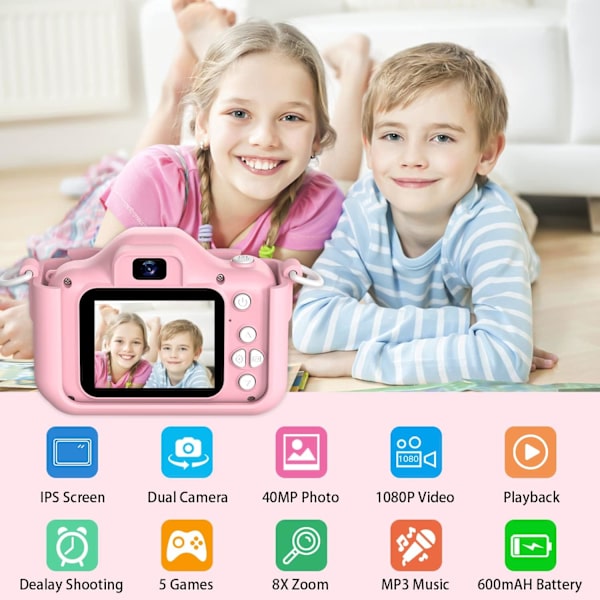 Børne kamera, digitale kameraer som gaver til piger i alderen 6+, digitale videokameraer med tegneserie blødt silikone etui, 32 GB SD-kort