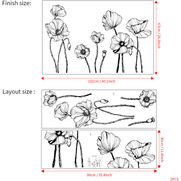 Svart Vallmoblomma Väggdekaler, Blommiga Väggdekaler, Väggdekor för Sovrum, Vardagsrum, TV-Bakgrund, Heminredning (30x90cmx2ST)