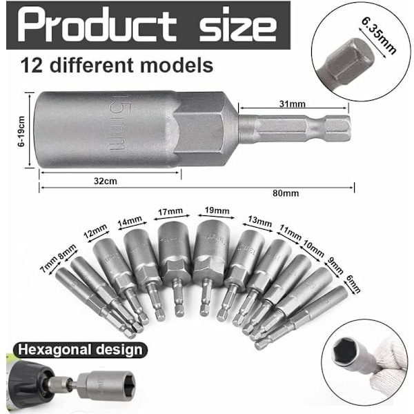 12 stk. magnetisk skrutrekkerpipe 6-19mm krom vanadium legert stål slagtrekkerpipe magnetisk sekskantadapter for elektrisk skrutrekker, pipenøkkel