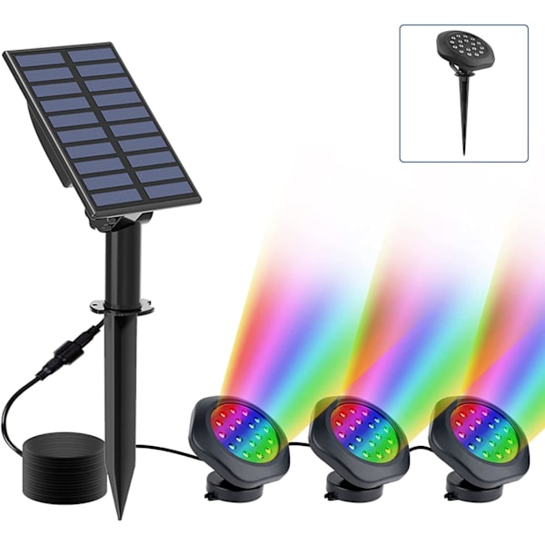 Solcelledambelysning, (3 frontlykter) RGB solcelledambelysning nedsenkbar belysning med IP68 vanntett, fargeskiftende RGB solcelledambelysning for akvarium